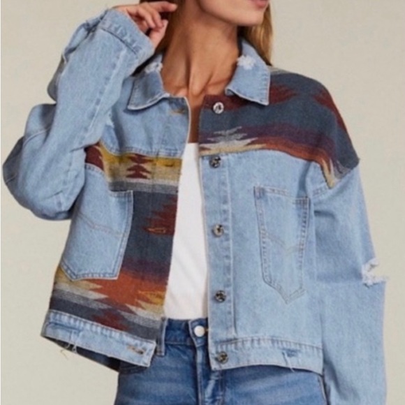 Denim Jacket w/ Contrast Fabric & Front Patch Pocket - Picture 3 of 4